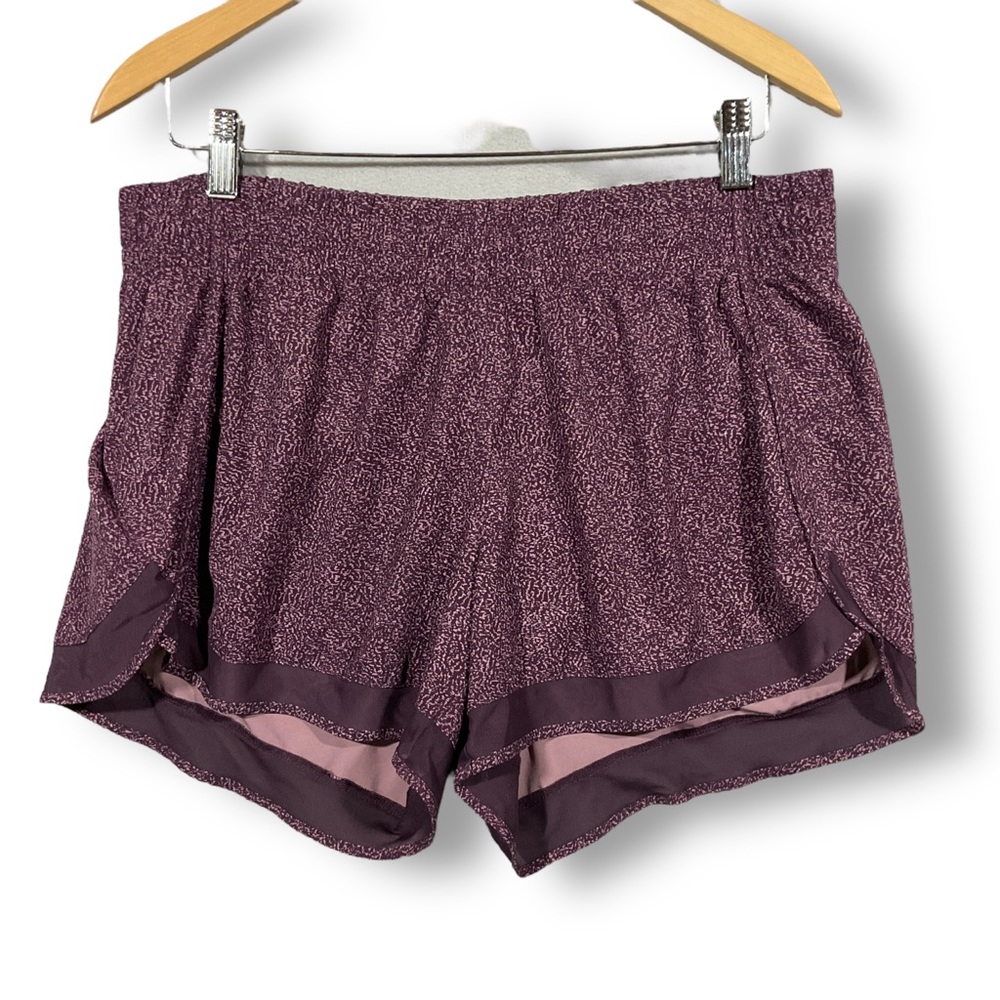 Athleta Mesh Racer Run Shorts Sz L Printed 4" Purple Activewear Athletic - Picture 2 of 9